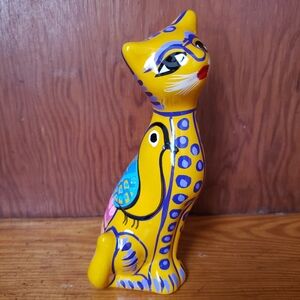 Talavera Mexican Folk Art Pottery Yellow Cat Figurine Flower Bird 6.25"